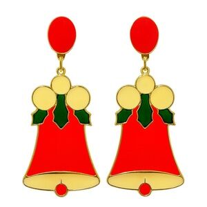 🎅✨ Vintage Christmas Bell Dangle Earrings – Red, Gold & Green Holiday Jewelry ✨🔔